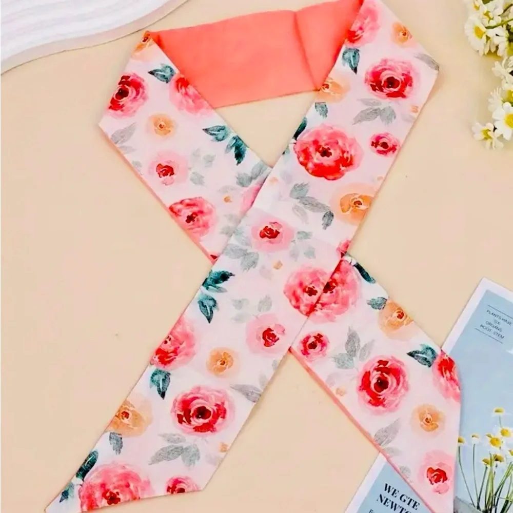 Floral Pink Rose Print Ribbon Hair Scarf – Feminine Accessory for Women